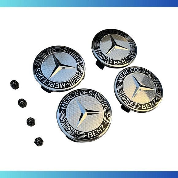 COMBO! MERCEDES BENZ 75MM Black Wheel Center + TIRE Black Caps Wreath MB - Picture 1 of 3